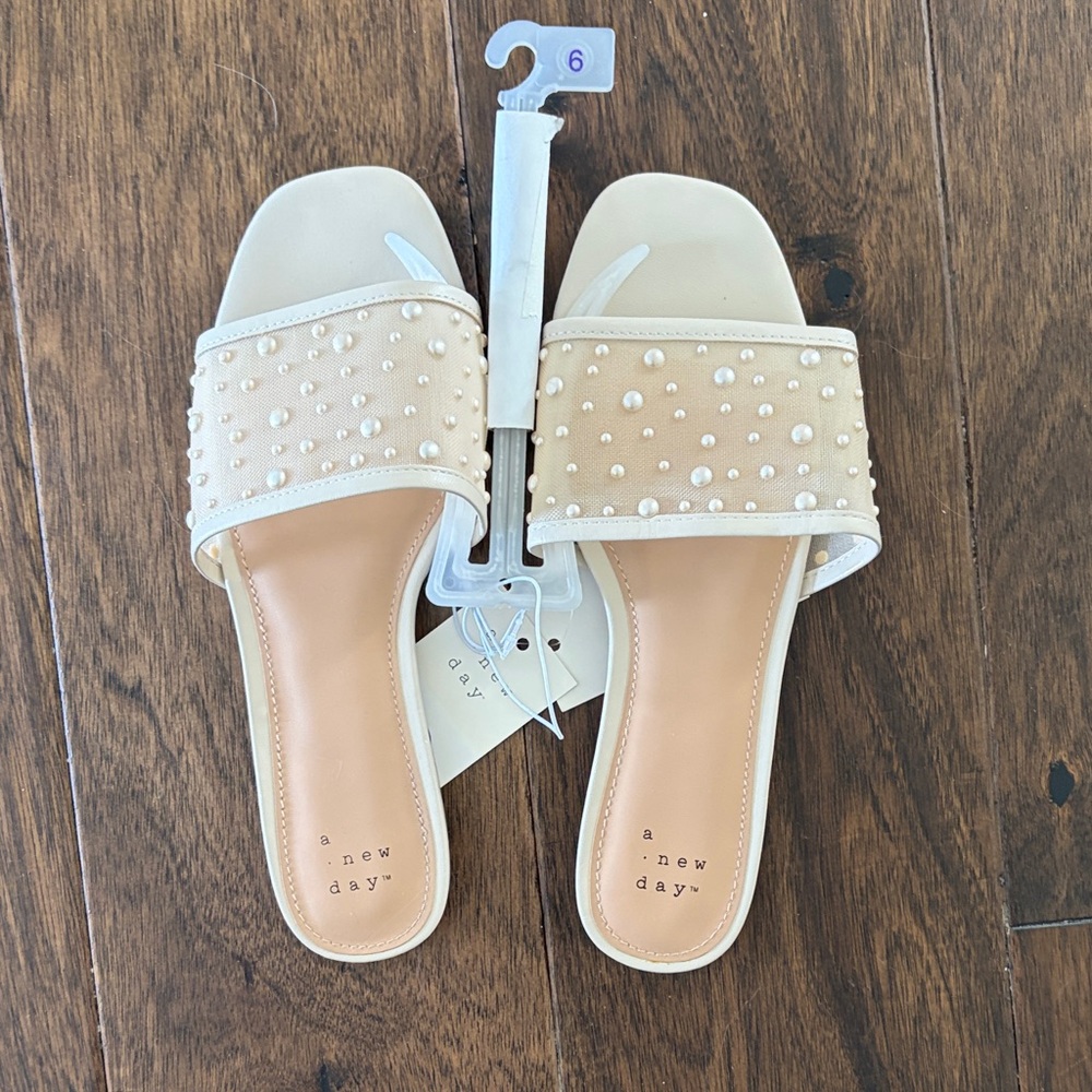 a new day Cream Pearl-Embellished Slide Sandals for Women